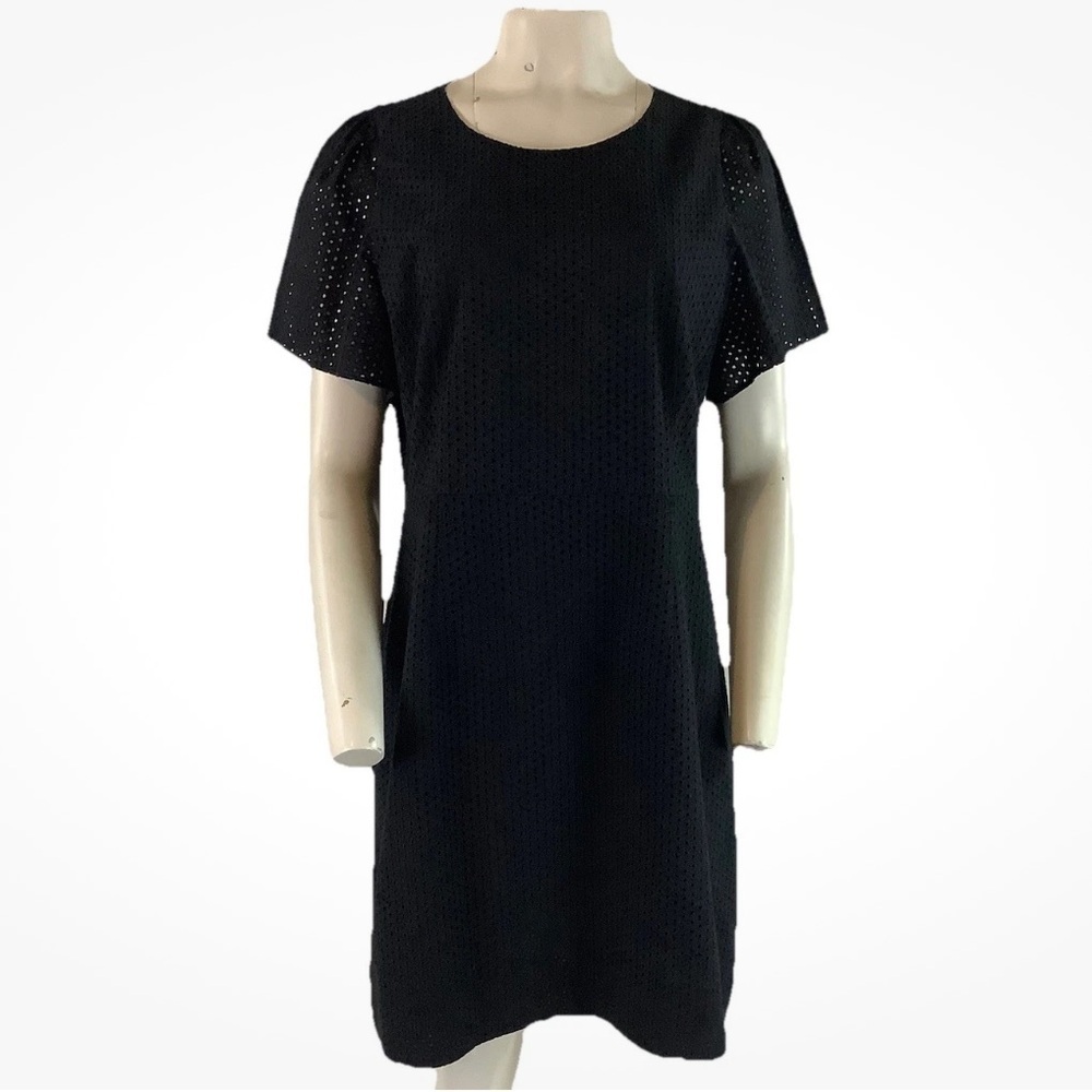 J Crew Sz 14 All Over Eyelet Shift Business Casual Dress Black 100% Cotton